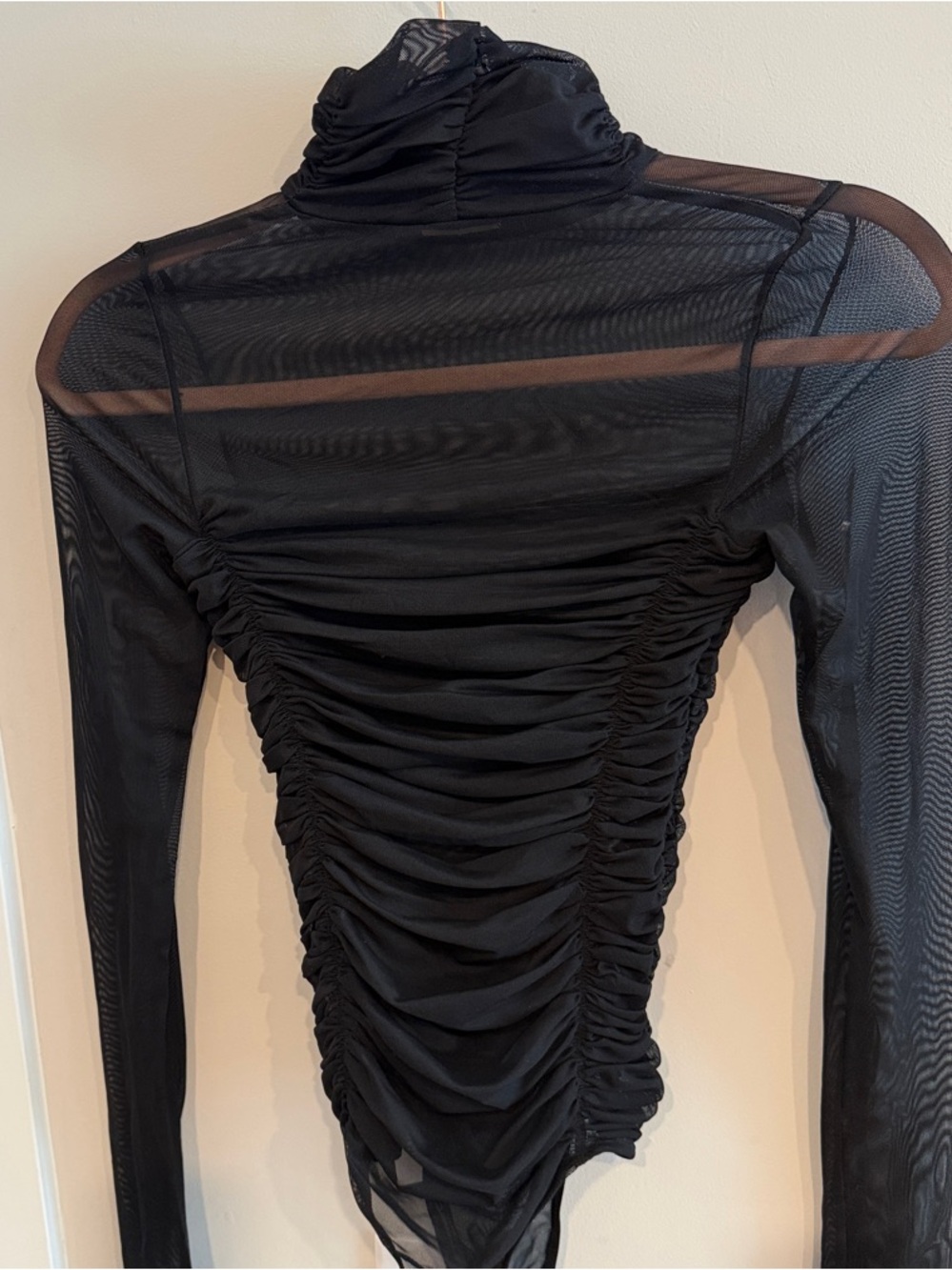 Free People black Ruched Mesh Long-Sleeve Turtleneck Bodysuit